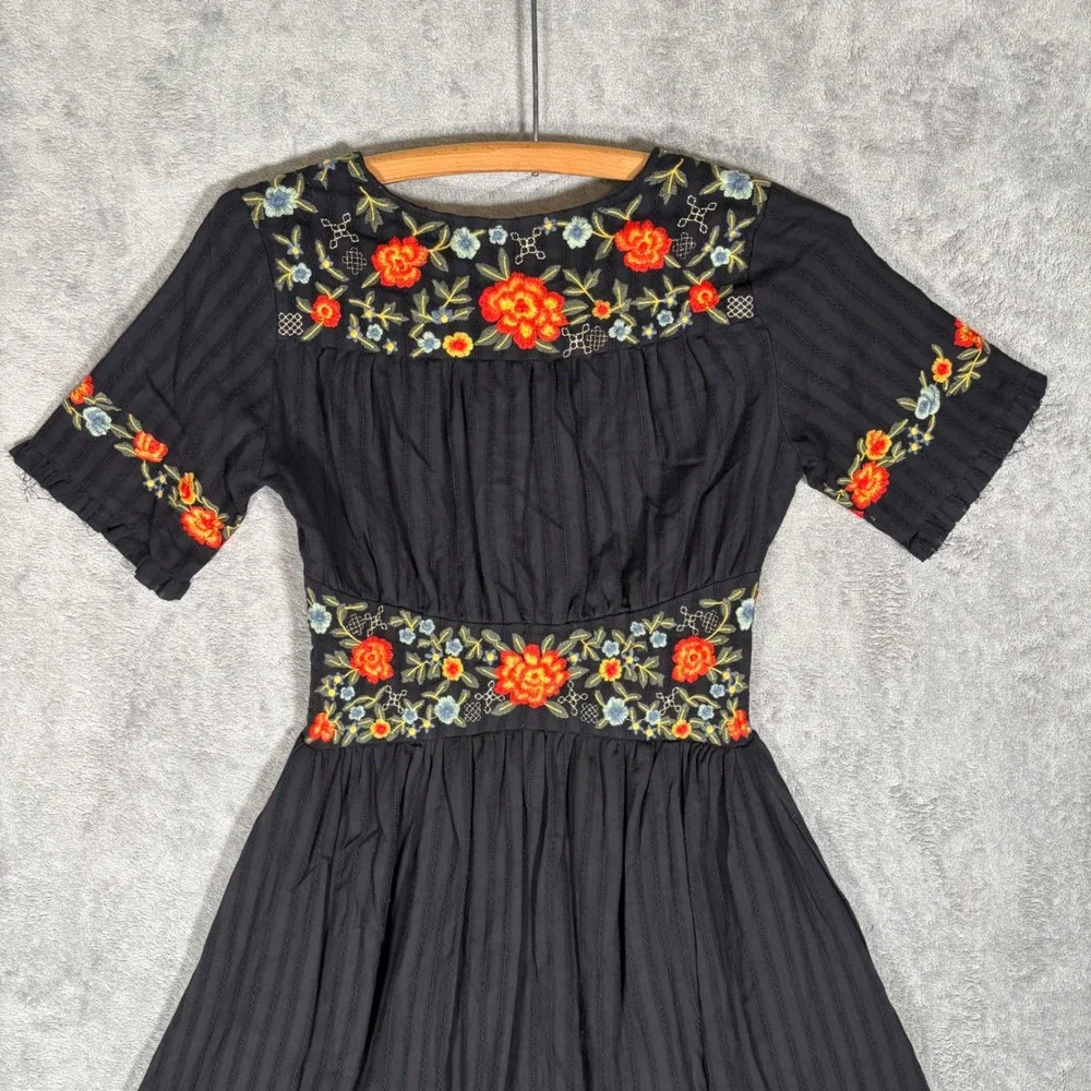ROOLEE Black Floral Embroidered Cotton Button Front Midi Dress XXS NWT Cottage - Picture 9 of 14